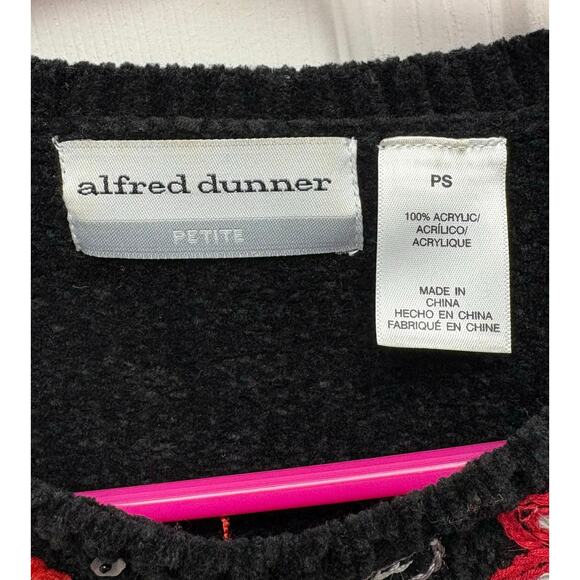 Alfred Dunner Christmas Sweater Poinsettia Crew Black Velour Grannycore, Size S - Picture 3 of 5